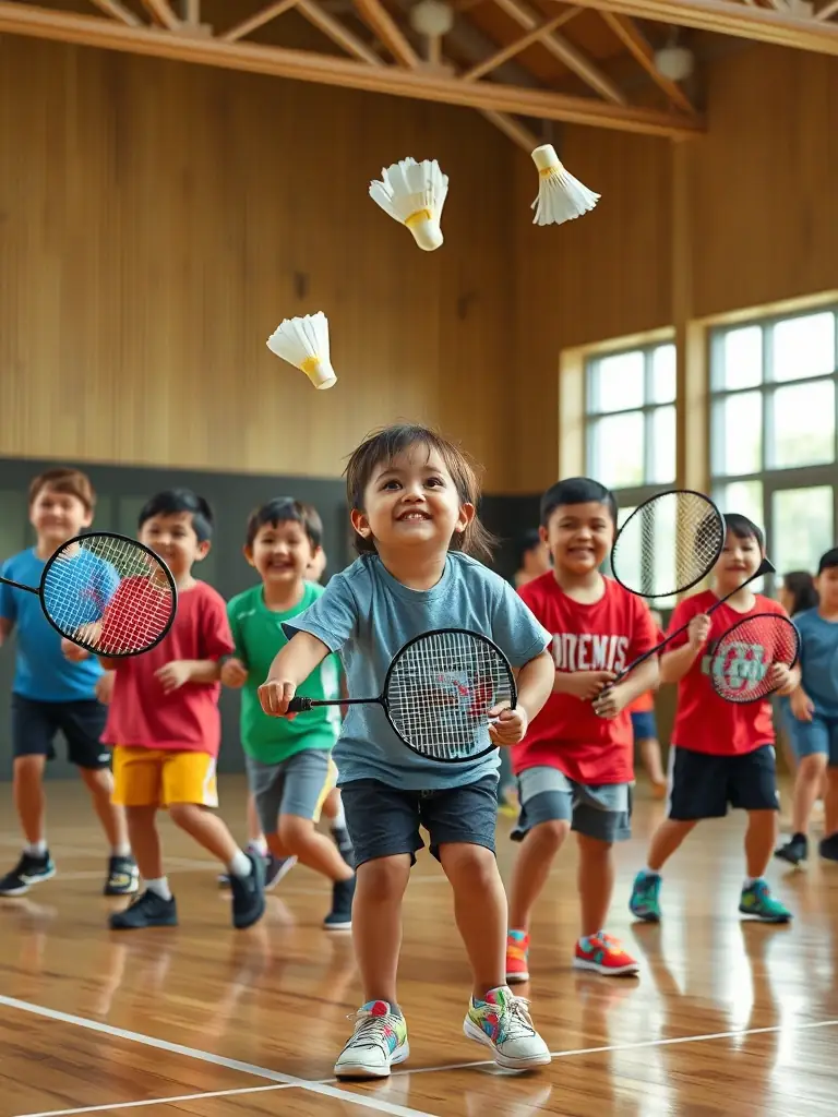 Image of children happily participating in a badminton training session, emphasizing youth engagement and skill development.