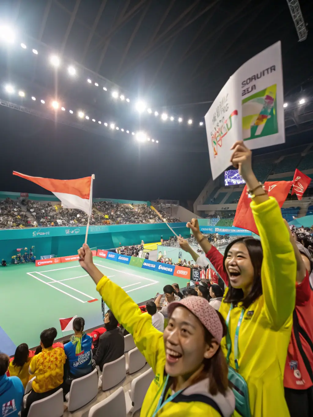 A lively scene of players competing in a local badminton tournament, with spectators cheering on, capturing the excitement of community events and tournaments.