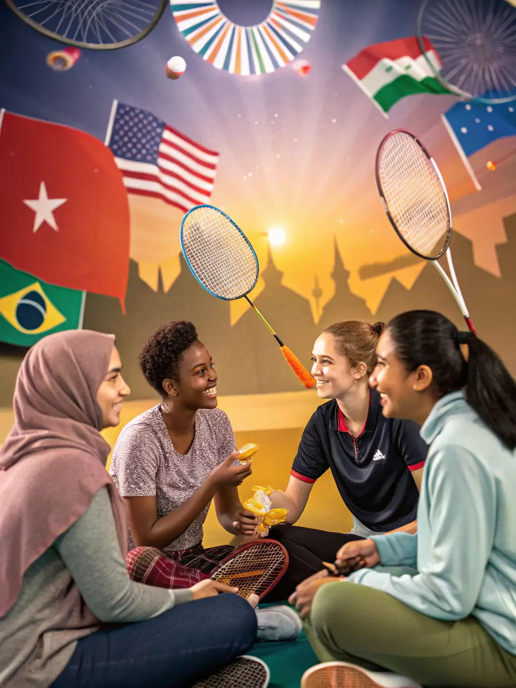 A photograph of club members participating in a recreational badminton session, with smiles and relaxed postures, showcasing the fun and social aspect of the activity at Pornichet Badminton Club.