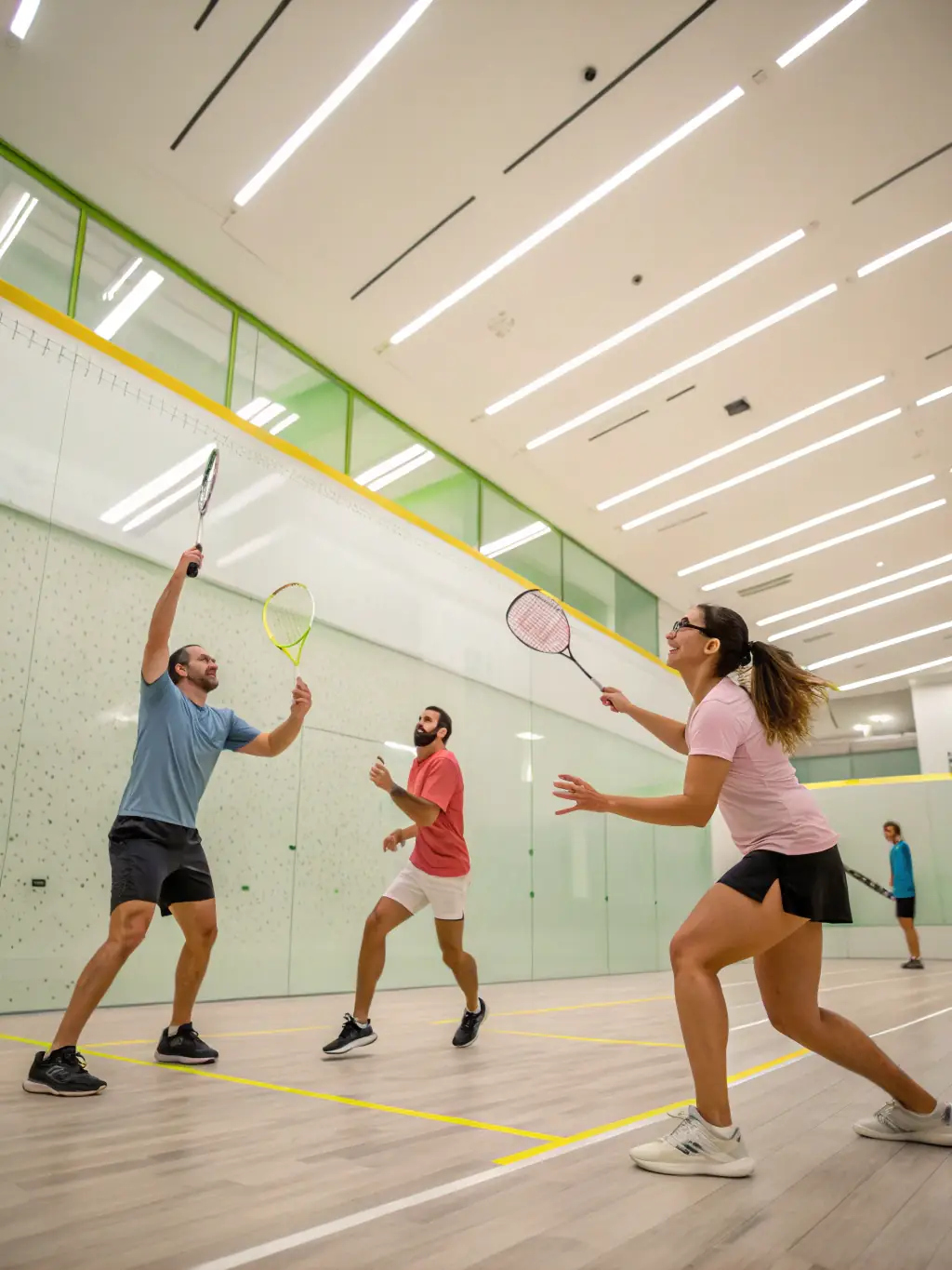 A vibrant image of players enjoying a casual badminton game on well-lit courts, smiling and engaging with each other, representing the recreational badminton sessions.
