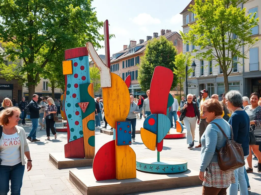 A vibrant outdoor art installation in a public square in Oyonnax, featuring colorful sculptures and local residents interacting with the artwork, showcasing community engagement.