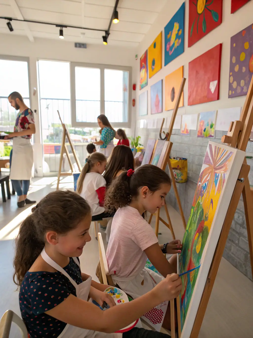 A children's art workshop in a bright and cheerful studio in Izernore, with kids creating colorful paintings and crafts, demonstrating Art in Haut-Bugey's dedication to fostering creativity in young people.