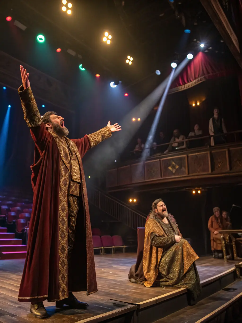 A community theater performance in a historic building in Bellegarde-sur-Valserine, with actors in period costumes enacting a scene, reflecting Art in Haut-Bugey's commitment to preserving cultural heritage.