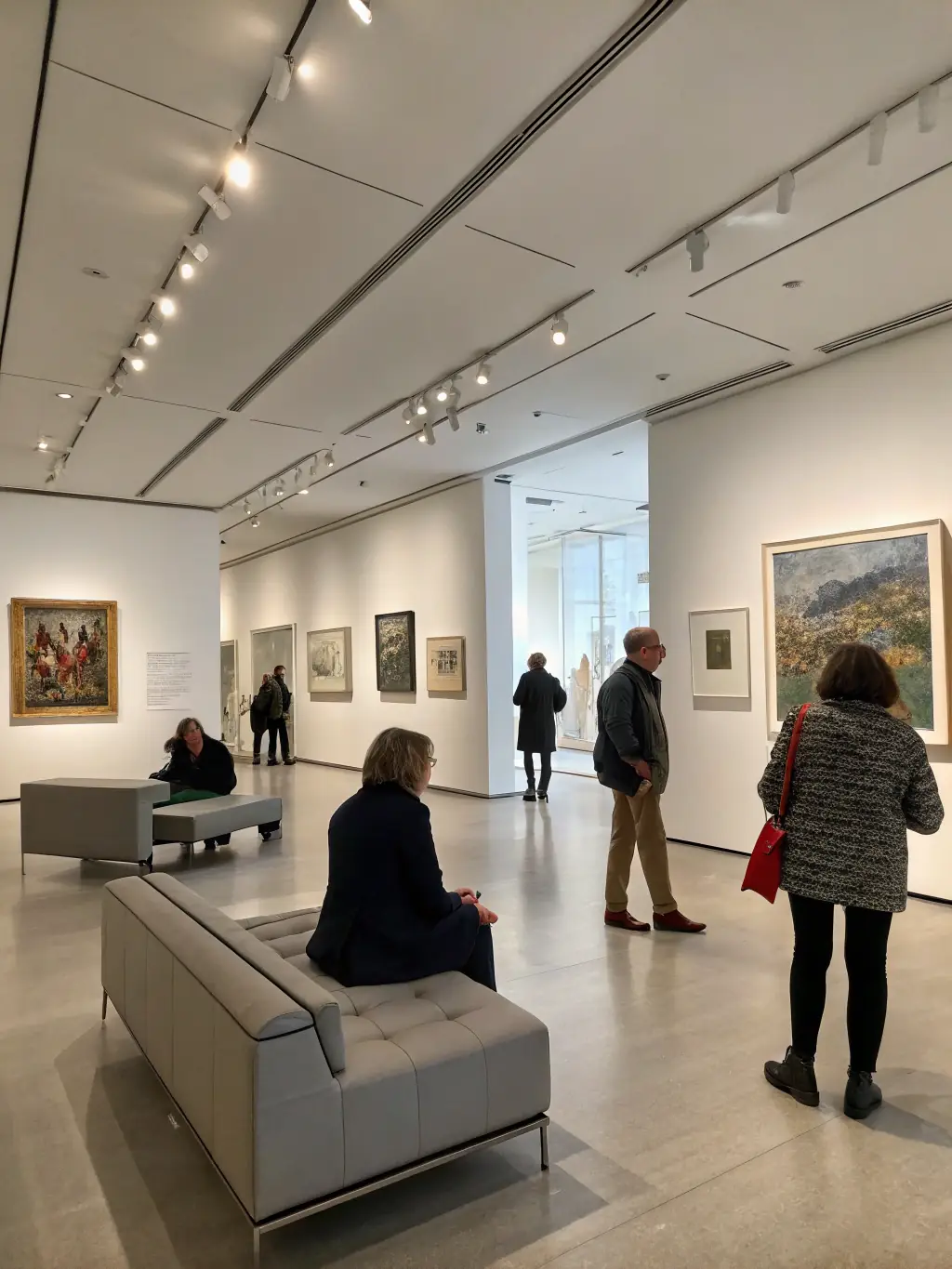 A modern art exhibition featuring abstract paintings and sculptures in a well-lit gallery space in Nantua, emphasizing the innovative and contemporary art supported by Art in Haut-Bugey.