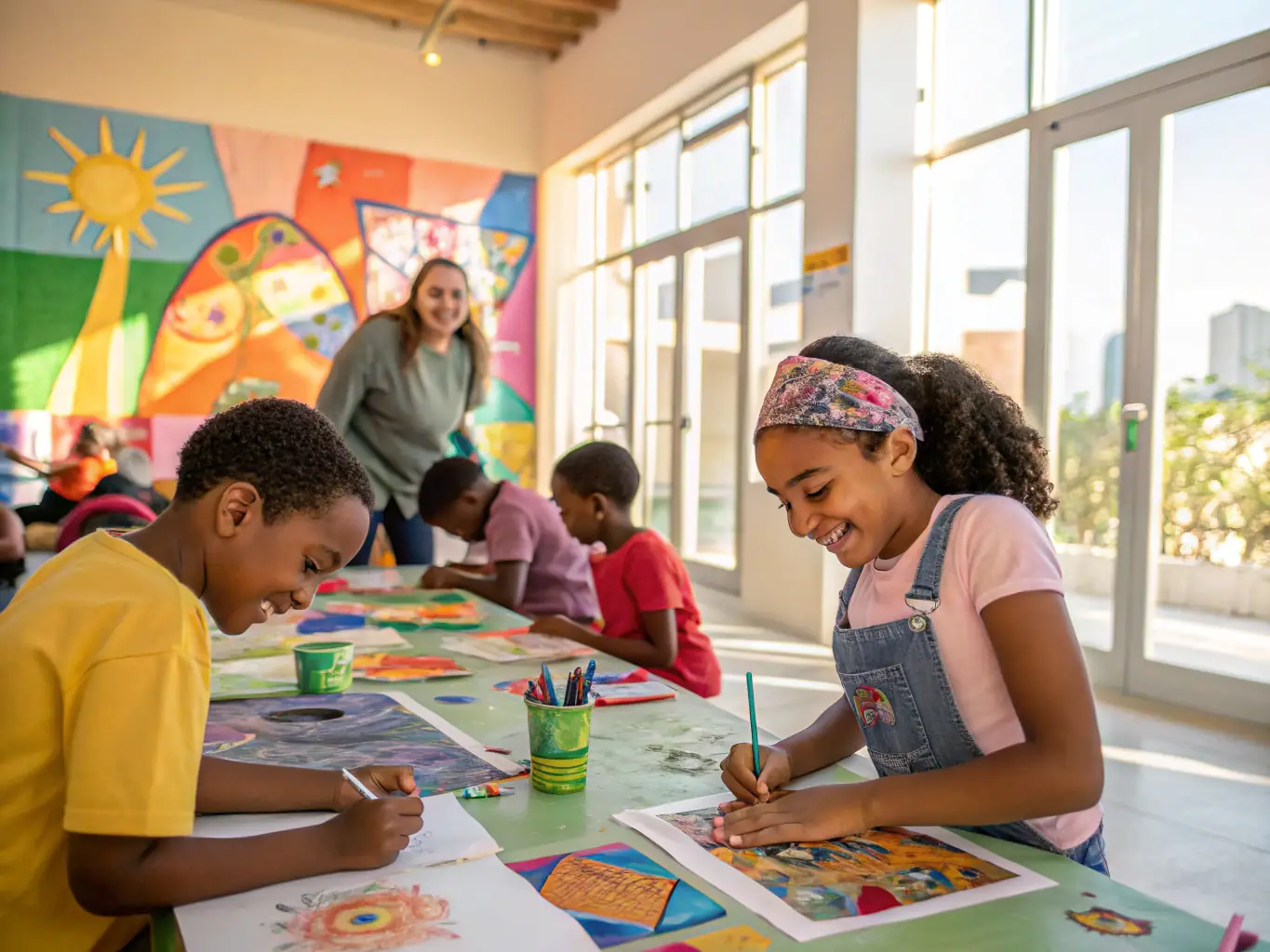 A group of children participating in an art workshop at a community center in Oyonnax, learning painting techniques from a local artist, fostering creativity and artistic expression.