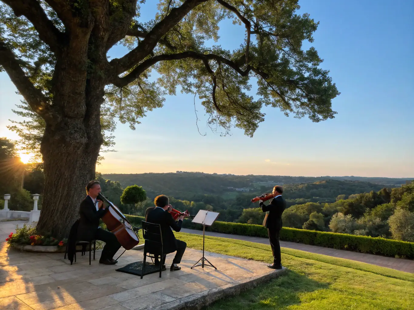 Une image d'un concert de musique classique en plein air, avec un public diversifié appréciant la performance, illustrant l'engagement d'Art dans le Haut-Bugey envers la promotion de la musique.