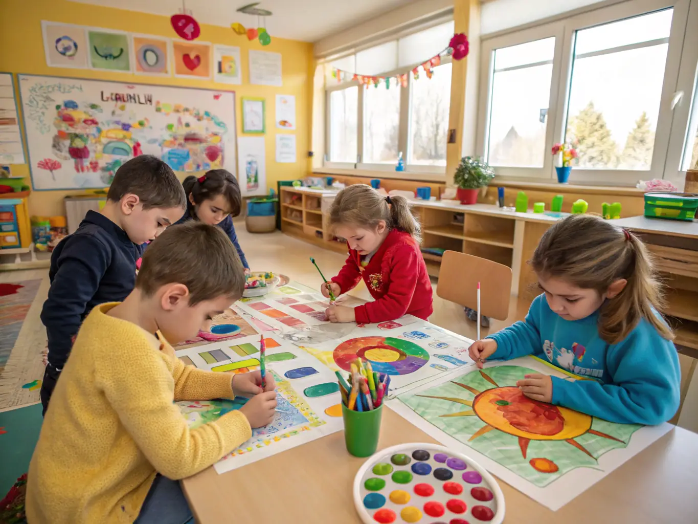Une image d'un atelier d'art pour enfants, avec des enfants souriants créant des peintures colorées, reflétant l'engagement d'Art dans le Haut-Bugey envers l'éducation artistique.